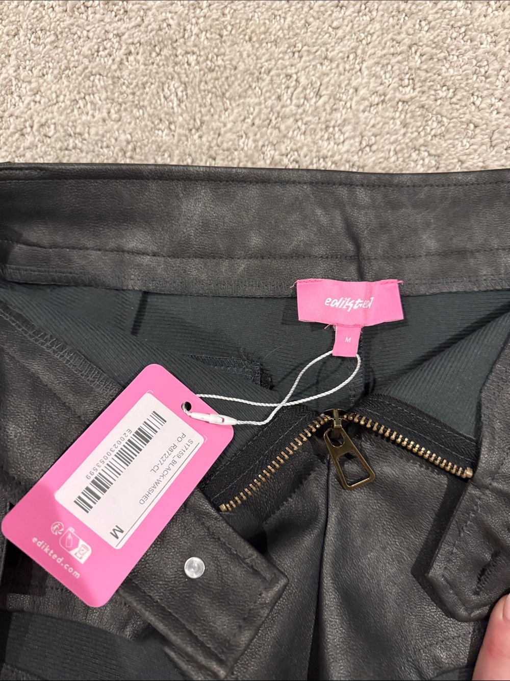 Edikted Charcoal Faux-Suede Cargo Shorts with Strap Pockets - Picture 2 of 4
